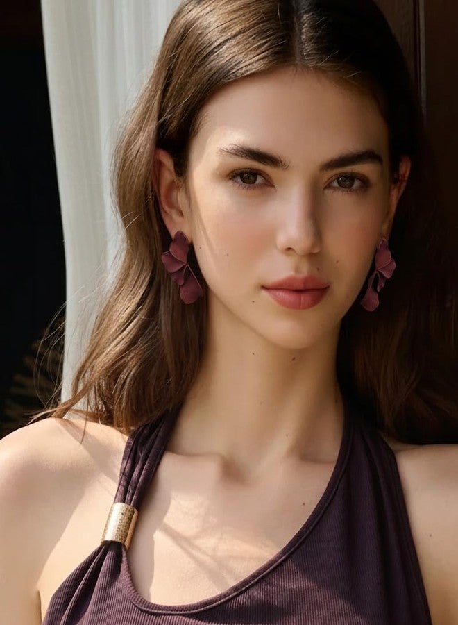FAUTHENTICUTE Burgundy Flower Earrings For Women Large Wine Red Painted Floral Dangle Statement Earring Chunky Fall Earrigs Gift - Image 3
